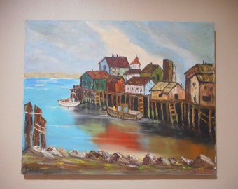 Fishing Boat Dock and Harbor Pier Wharf Mid Century Original Artwork