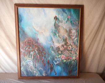 May include: An original painting in a wooden frame. The artwork features a surreal landscape with a face, flowers, and red berries against a blue and white background. The word "RE" is visible in the floral arrangement.