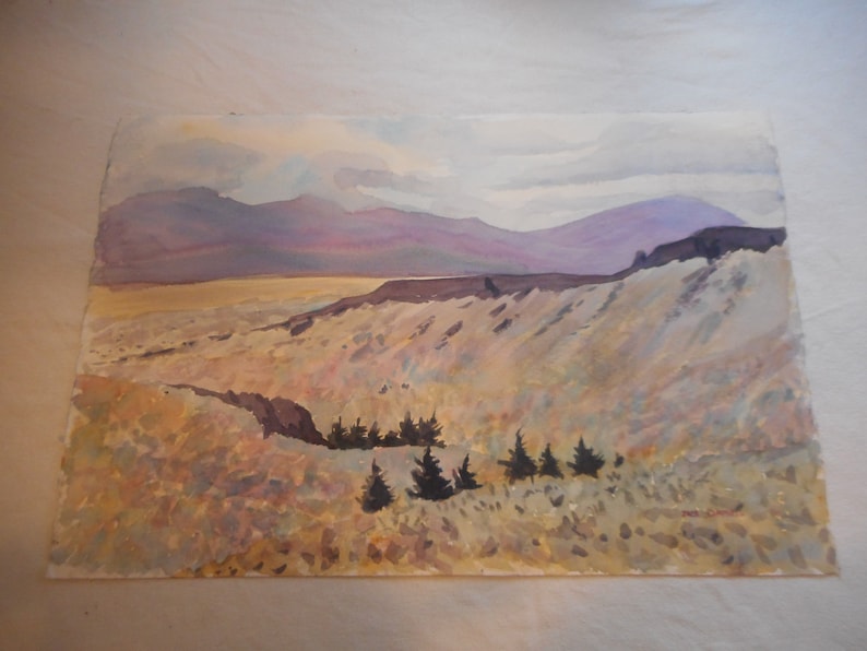Spring Central Oregon Purple Mountain Watercolor Mid Century Original Artwork