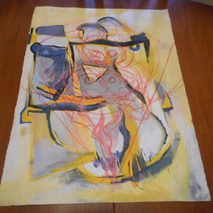 May include: Abstract painting on paper with a yellow background. The artwork features a central figure in shades of gray and pink, overlaid with red lines. Blue and black shapes are also present.