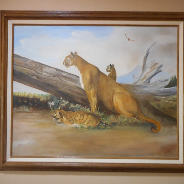 Mountain Lion Family Mid Century Modern Beautiful Original Oil Painting