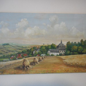 European Wheat Field Harvest Mid Century Original Oil Painting Classic Pastoral Countryside