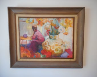 Still Life Floral Impressionist Mid Century Original Oil Painting Seated Woman 1970s
