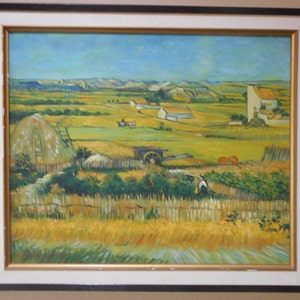 Vintage Wheat Hay Field Harvest Vincent Van Gogh Copy Mid Century Original Oil Painting on Canvas 24 x 28 Wood Frame Artist Signed Landscape