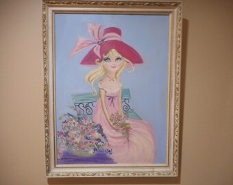 Vintage 1965 Big Eyed Girl Oil Painting: Mid Century Modern Framed Art