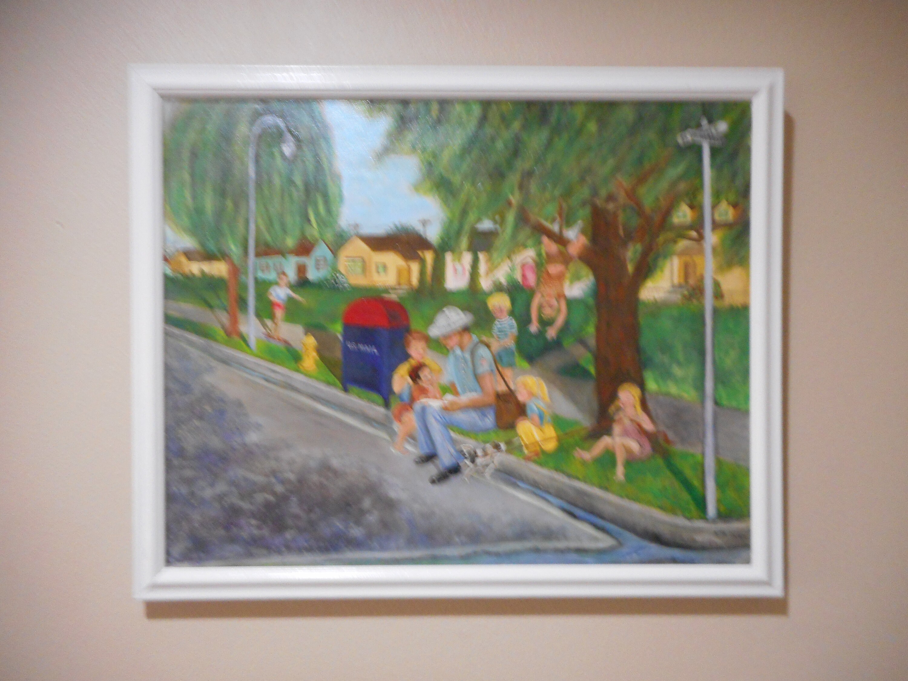 The Mailman and Street Kids 1970's West Covina CA Folk Art Naive Scene Original Oil on Board Painting
