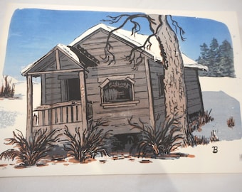 1960's Old House Mendocino Wood Cut / Linocut Mid Century Original Artwork Nancy Barth