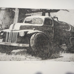 1960&#39;s Old Water Truck Intaglio Print By Mendocino print Maker Nancy Barth Mid Century Original Artwork
