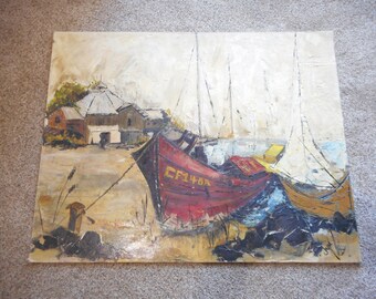 Fishing Boats At Shorline Village Dock Mid Century Original Oil Painting
