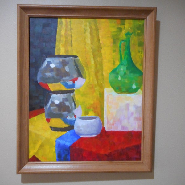 Primary Colors Three Vessels Still Life Mid Century Beautiful Original Oil Painting on Board Framed 22HX 16W