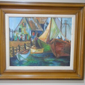 Fishing Village Harbor Pier Original Framed Oil Painting on Board