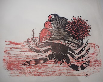 1960's Hermit Crab Mendocino Wood Cut / Linocut Mid Century Original Artwork Nancy Barth