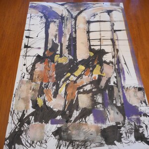 Vintage Abstract Painting: Musicians in Hall, Colorful Art on Paper