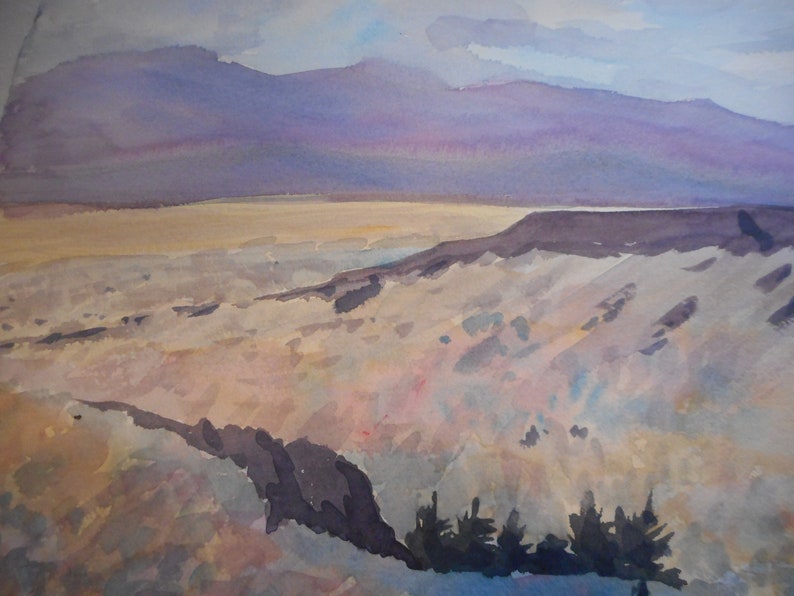 Spring Central Oregon Purple Mountain Watercolor Mid Century Original Artwork