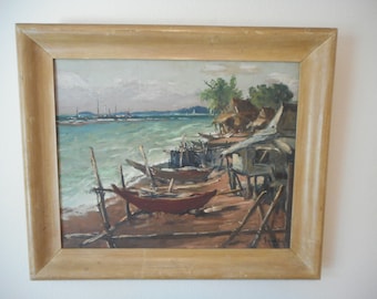 Vintage Fishing Village Oil Painting, 1959, Framed Coastal Art (20X24)
