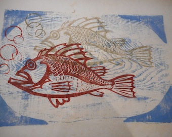1960's Swimming Fishes Mendocino Wood Cut / Linocut Mid Century Original Artwork Nancy Barth