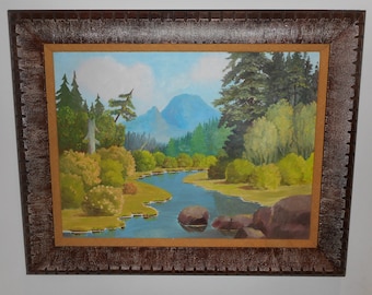 Central Oregon River and Mountains Scene Mid Century Oil Painting