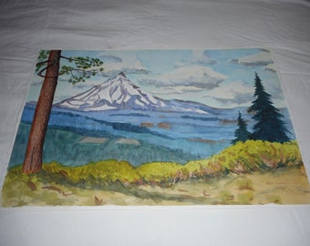 Spring Central Oregon Snow Covered Mountain Watercolor Mid Century Original Artwork