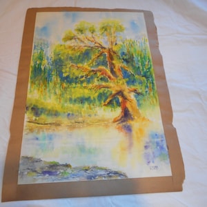 Old Growth Tree Beside River or Pond Watercolor Mid Century Original Artworkk