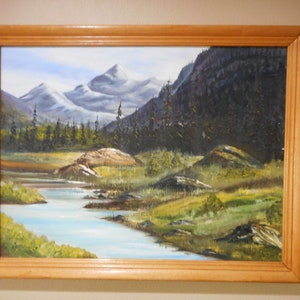 Mountains and River Landscape Mid Century Original Oil Painting