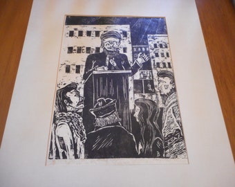 Berkley California Student Rally Wood Cut / Linocut Mid Century Original Artwork Nancy Barth