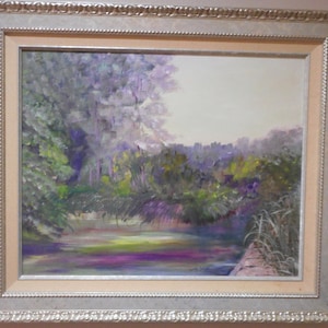 Vintage Purple Plein Air River Trees Mid Century Original Oil Painting 21 x 25 Wood Framed Fine Art Impressionist Landscape Signed A. Wilson