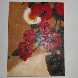 Red Poppy Flower Bouquet Mid Century Original Oil Painting
