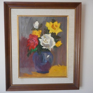 Roses in Blue Vase Original Framed Oil Painting on Board Signed 27H X 23W Impressionist