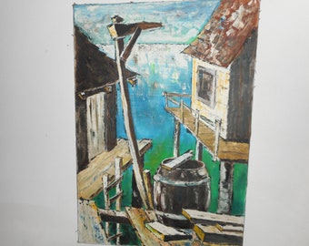 Vintage Fishing Village Oil Painting: Mid-Century Modern Cubist Harbor Scene