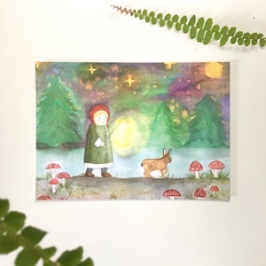 Carte postale enfant de la forêt et lièvre
