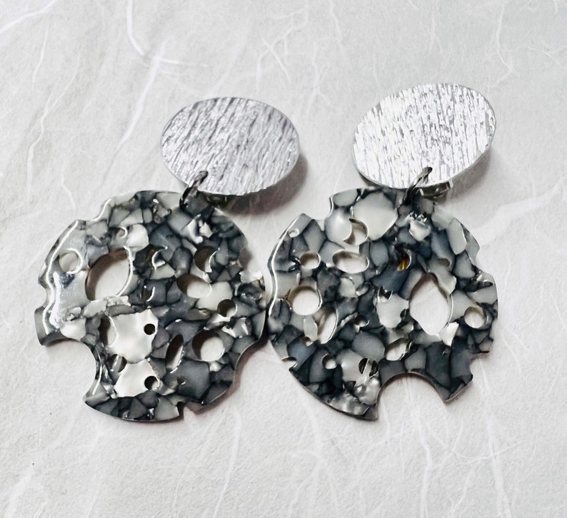 Clip-on, Grey Swiss Holes Acrylic and Silver Aluminum Earrings image 4