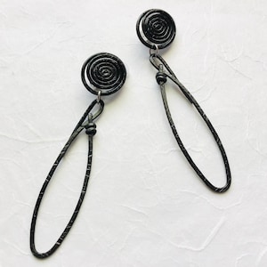 Clip on Black Textured Long Oval Hoop Earrings
