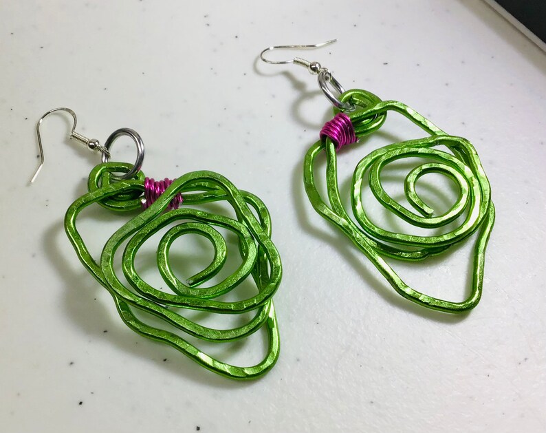 Aluminum Hammered Wire Freeform Earrings, AKA Earrings, Pink and Green, AKA Gifts, Gift for Her, Graduation Gift Idea image 3