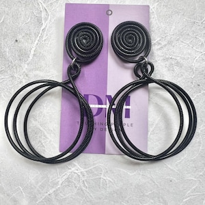 Clip-on Black Textured Three Hoop Earrings