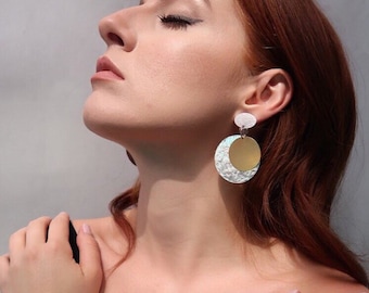 Clip-on Hand Textured Aluminum and Brass Circle Earrings, Mother’s Day Gift Idea