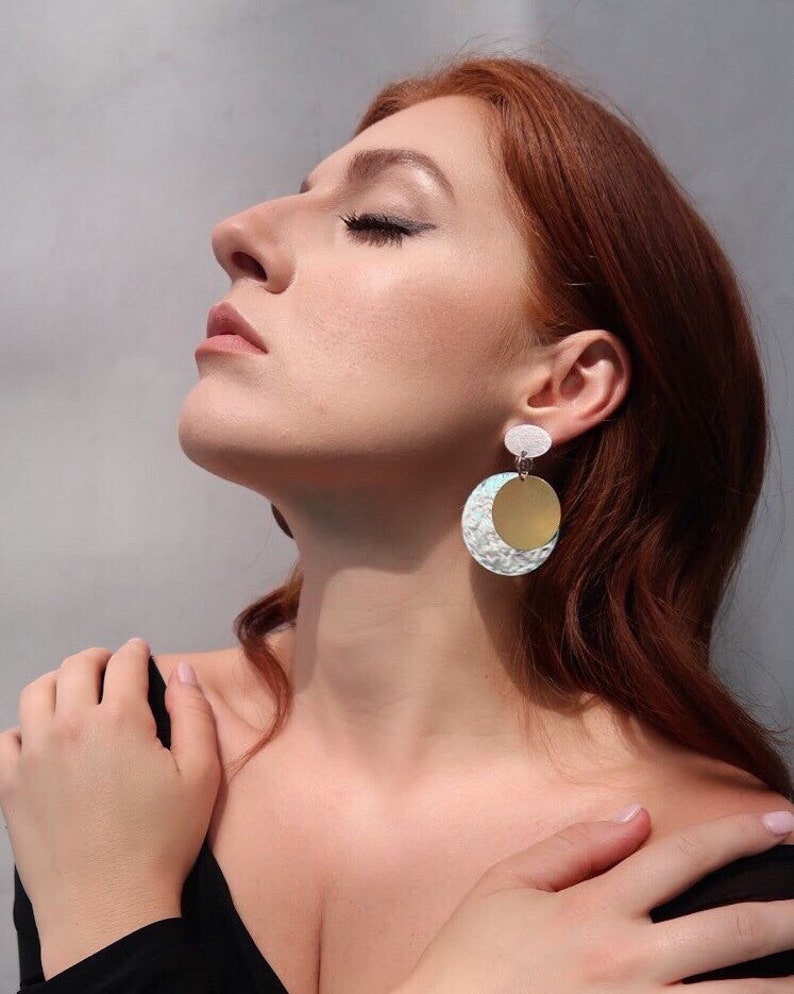 Clip-on Hand Textured Aluminum and Brass Circle Earrings, Mothers Day Gift Idea image 1