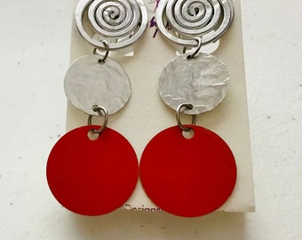 Clip-on Red and Silver Closed Swirl and Textured Disk Earrings