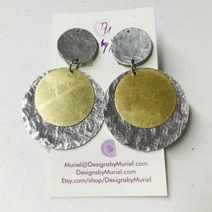 Clip-on Hand Textured Aluminum and Brass Circle Earrings, Mothers Day Gift Idea image 2