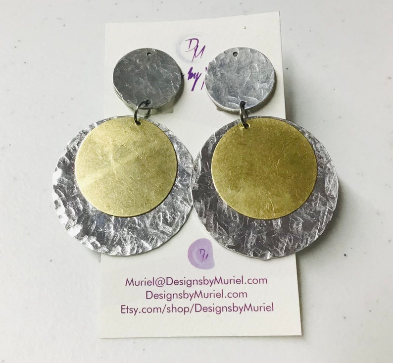 Clip-on Hand Textured Aluminum and Brass Circle Earrings, Mothers Day Gift Idea image 2
