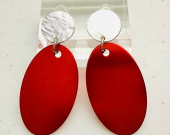 Clip-on Silver and Red Oval Aluminum Earrings, Graduation Gift Idea