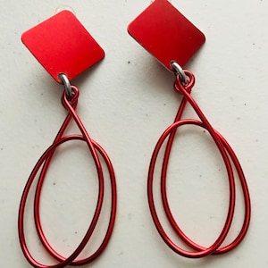 Red Clip-on Aluminum Double Wire Oval Hoop Earrings