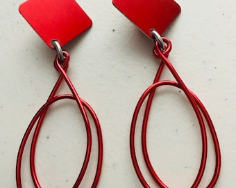 Red Clip-on Aluminum Double Wire Oval Hoop Earrings