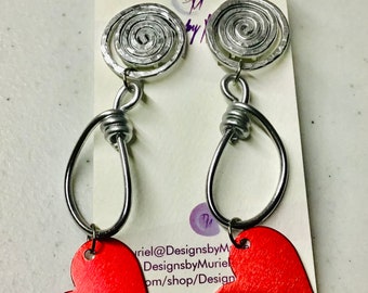 Clip-on Red Hearts Aluminum Drop and Dangle Earrings, Valentine’s Day Gift, Gift for Her, Mother’s Day Gift Idea