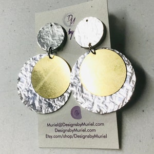 Clip-on Hand Textured Aluminum and Brass Circle Earrings, Mothers Day Gift Idea image 4