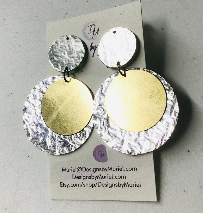 Clip-on Hand Textured Aluminum and Brass Circle Earrings, Mothers Day Gift Idea image 4