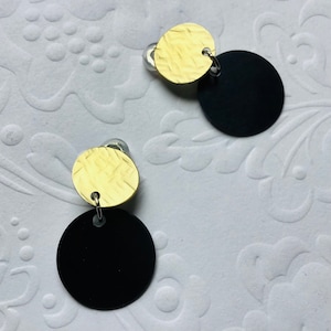 Clip-on/Pierced Gold and Black Textured Aluminum Disk Earrings, Gift Idea, Graduation Gift Idea