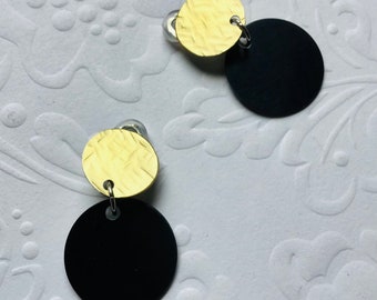 Clip-on/Pierced Gold and Black Textured Aluminum Disk Earrings, Gift Idea, Graduation Gift Idea