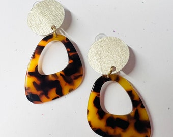 Clip-on, Asymmetrical Tortoise Shell Acrylic and Gold Aluminum Earrings