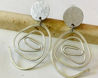 Clip-on Pierced Textured, Flat Hammered, Silver Open Swirl Open End Circle Earrings