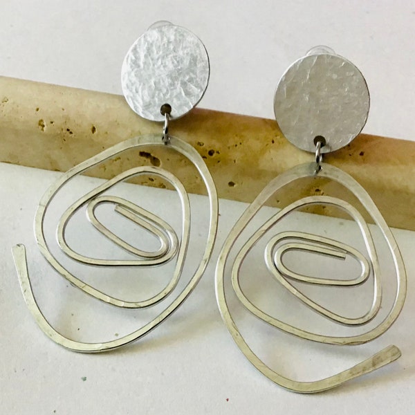 Clip-on Pierced Textured, Flat Hammered, Silver Open Swirl Open End Circle Earrings